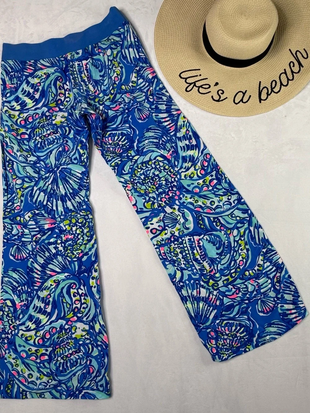Yoga Waist Blue Floral Shell Print Wide Leg Lilly Pulitzer Lounge Bottom Size XS